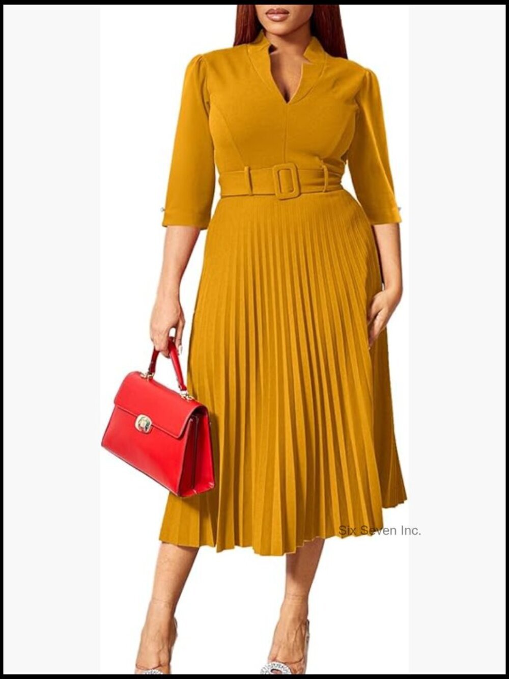 V Neck Business Casual Midi Dress with Belt 3/4 Sleeves Pleated